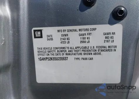 2005 Buick Lesabre Custom z USA, uszkodzony, nr VIN 1G4HP52K65U235637